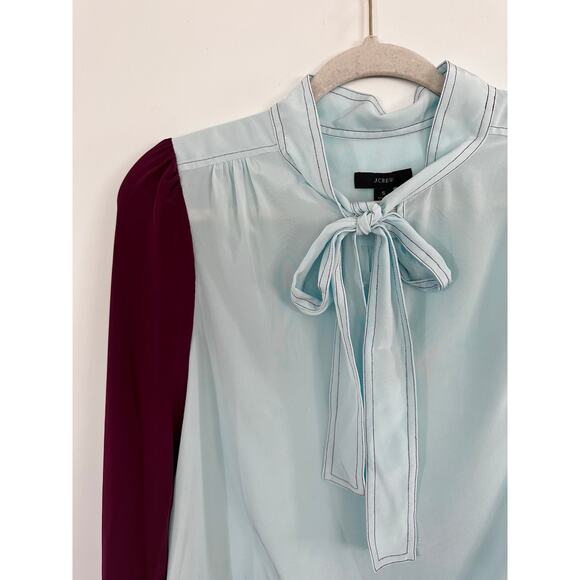 J. Crew 1940s Chic Aqua Burgundy Blouse Tie Neck Top Work Church Wedding Retro - Picture 4 of 11